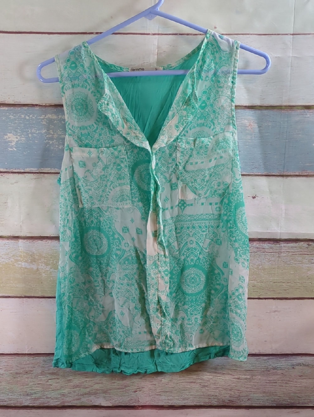 Femme Mint Green Sleeveless Printed Blouse